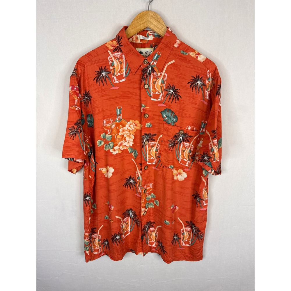 Ron Chereskin Mens Hawaiian Shirt Large Orange Tropical Cocktail Palm Tree Rayon